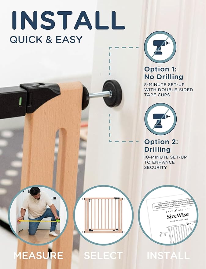 SizeWise™ Wood Pressure Mounted Safety Gate 34.25"-38.18" | Extra-Wide Passage | Auto-Close Two-Way Opening for Doorways and Hallways | Easy Installation | PEFC Certified Beech Wood (28.7" Passage)