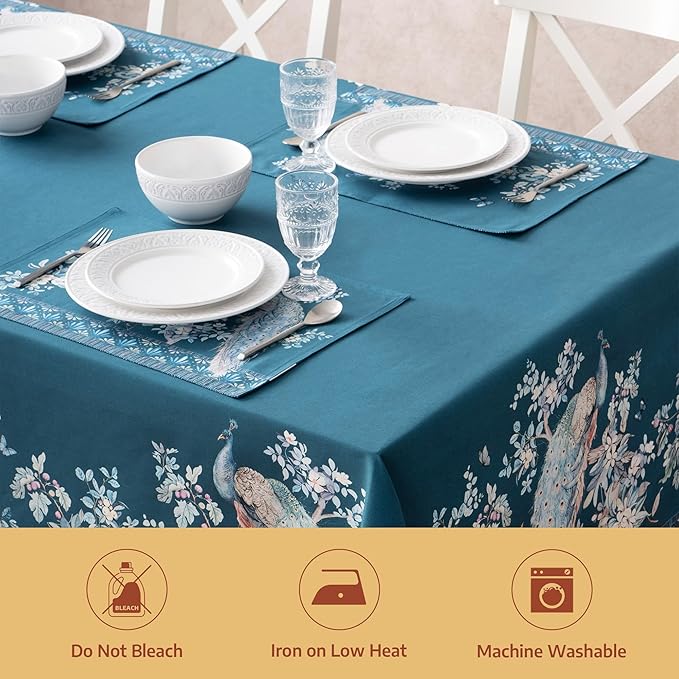 Maison d' Hermine Premium Table Cloth Square Table 100% Combed Cotton 70 x 70 Inches Tablecloth Reusable Decorative for Dining Room, Farmhouse, Party, Festive & Wedding - Peacock Utopia - Deep Sea