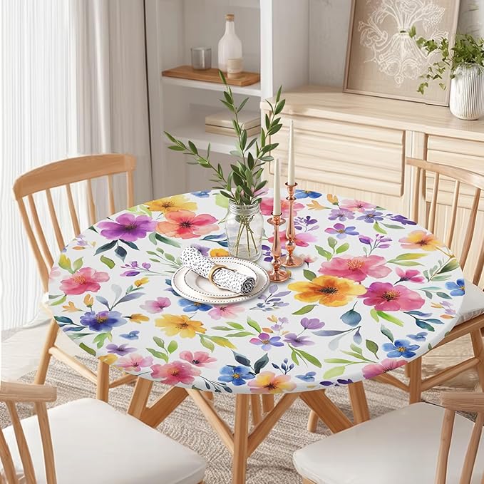 Spring Summer Floral Round Fitted Tablecloth with Elastic Watercolor Flower Outdoor Circle Table Cloth for 36-40" Tables Colorful Stretch Waterproof Washable Table Cover for Picnic Dining Party Decor