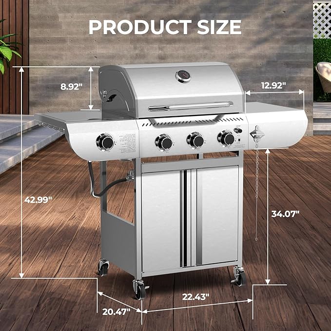 G31 pro Gas Grill 34,000 BTU 3-Burner Propane Grill with Side Burner, Stainless Steel BBQ Grill, Cast Iron Grates & Portable Cart with Wheels，Outdoor Barbecue Grill for Backyard, Patio, Camping