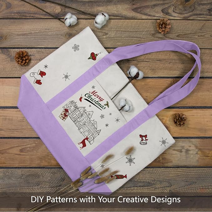 TOPDesign 6-Pack Canvas Tote Bags with an External Pocket, Reusable Grocery Shopping Bags, Top Zipper Closure, Daily Essentials (Lavender/Natural)