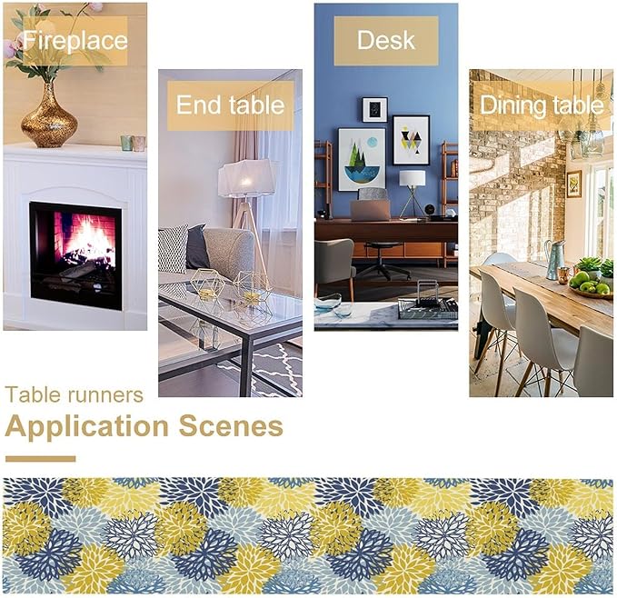 Dahlia Flower Table Runner,Blue Yellow Floral Print Table Runner for Kitchen Dining Table Dinner Holiday Home Party Indoor Outdoor Decor 13x36in