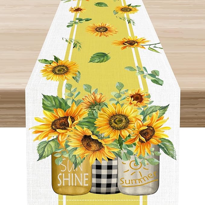 Sunflower Table Runner, Watercolor Yellow Floral Vase Spring Sunshine Summer Farmhouse Rustic Coffee Table Center Decor for Home Kitchen Dining Patio Indoor Outdoor Table Decorations, 13"x90" Inch