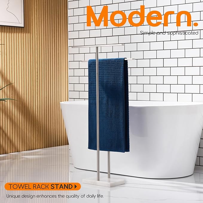 Free Standing Towel Rack Brushed Nickel 2-Tier Towel Holder for Bathroom Floor Stand with Heavy Marble Base Thicken Steady Design Stainless Steel AN7001BR