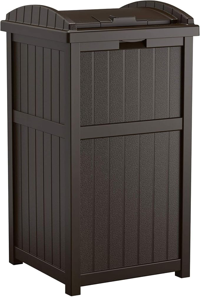 Suncast 2 Pack 33 Gallon Durable Plastic Hideaway Outdoor Garbage Can with Secure Lid and Wicker Design for Home Backyards, 1 Java Brown and 1 Taupe