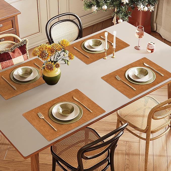Faux Leather Heat Resistant Fall Placemats Set of 4 – Waterproof Oilproof Wipeable Dining PU Vinyl Place Mat Easy Clean Table Mats for Kitchen/Dining/Party/Holiday, Orange