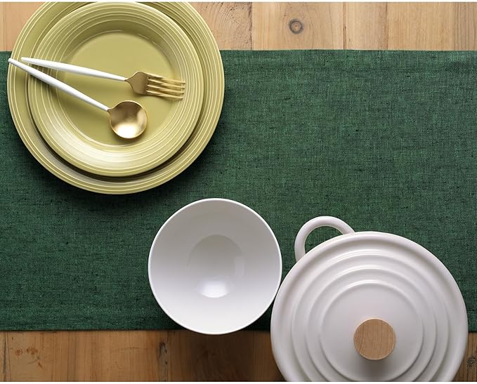 Solino Home Linen Table Runner 120 Inches Long - Athena, 100% Pure Linen Forest Green 14 x 120 Inch Table Runner for Dining, Winter, Easter, St Patricks Day