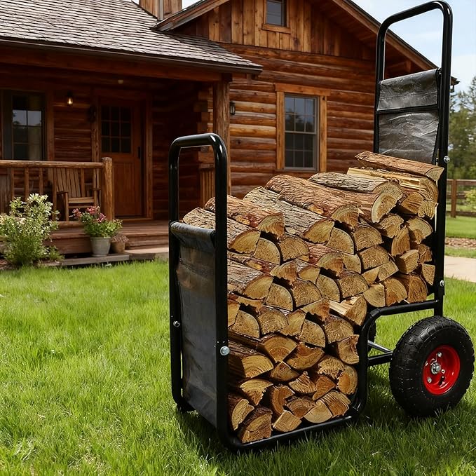 Firewood Cart with Pneumatic Wheel: 44 X 27 X 20 in Heavy Duty 220 lbs Load for Garden Backyard Fireplace Men Women Use