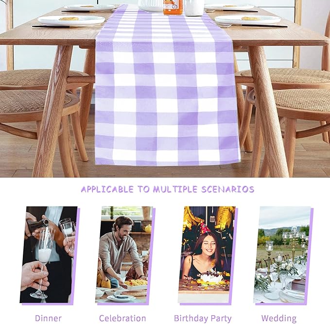 Fabric Checkered Table Runner 12 Pack Waterproof Gingham Table Runner 14W x 108L Buffalo Check Table Runners for Parties Kitchen Dining Wedding Banquet (Lavender and White)