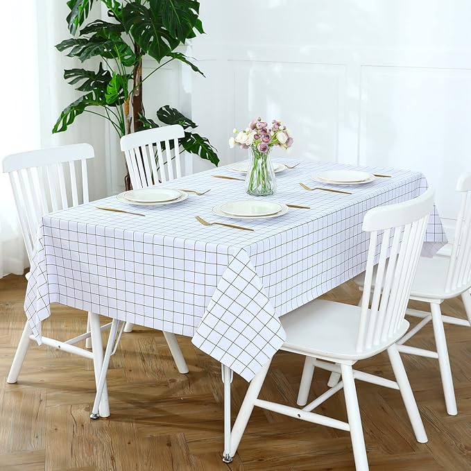 Romanstile Rectangle Vinyl Tablecloth, 100% Waterproof Oil-Proof Checkered Plastic Table Cloth, Heavy Duty Wipeable Table Covers for Dining, Camping, Picnic, Outdoor - 60 x 102 Inch, White
