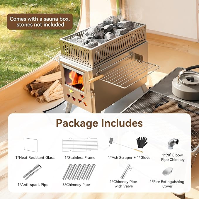 Sauna Hot Tent Stove, Rocket Camping Wood Burning Stove with 8 Stainless Chimney Pipes, Portable Folding Wood Stove for Tent, Outdoor Heating, Cooking, Ice Fishing, Hunting
