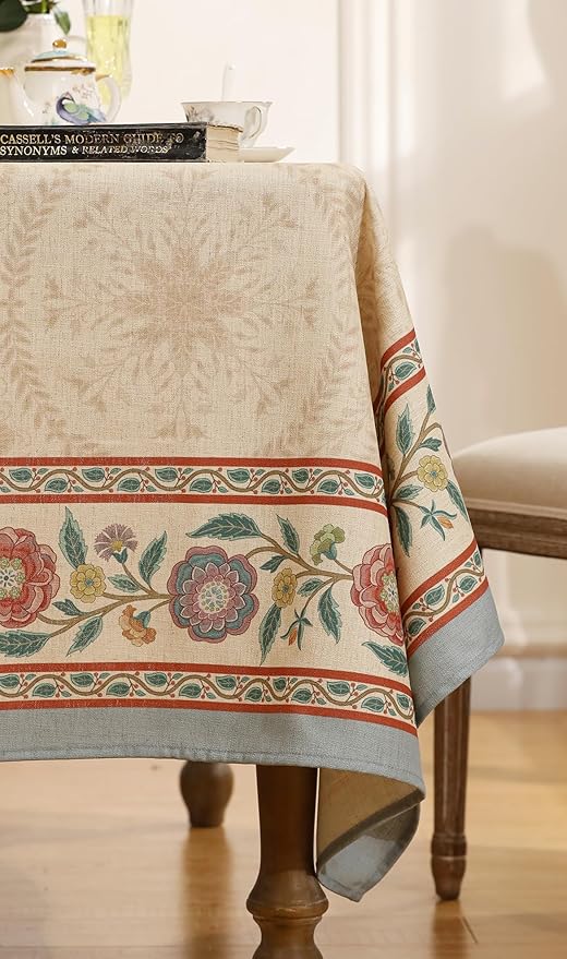 Beige Linen Square Tablecloth,Vintage Indian Style Soft and Colorfast Floral Tablecloths,Decorative Table Cover for Kitchen,Dining,Party,Thanksgiving,Christmas,67"*67"-Flowershadow E