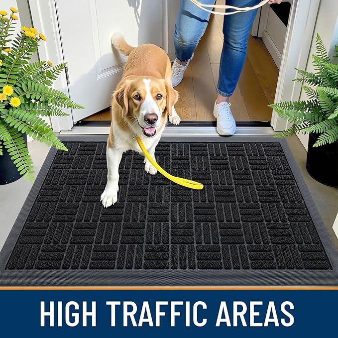 OLANLY Front Door Mat Outside Entrance 71x47, Absorbent, Heavy Duty Sturdy Natural Rubber Doormat Indoor Outdoor, Stain and Fade Resistant, Non-Slip Backing Low Profile Floor Mat for Entryway, Black