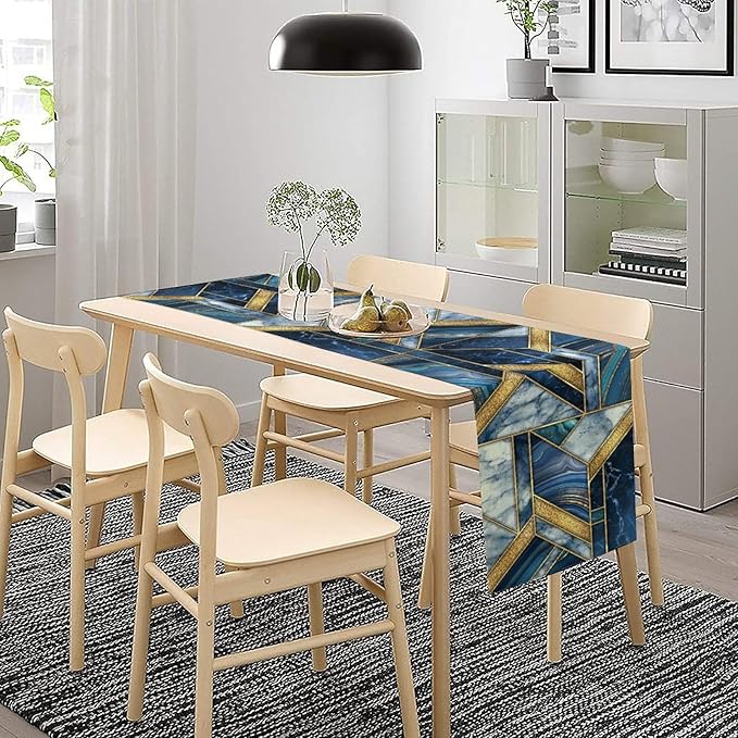 Marble Texture Table Runner, Dark Blue Gold Modern Mosaic Design Table Runner Decoration for Kitchen Family Dinner Table Holiday Party Farmhouse 13x60in