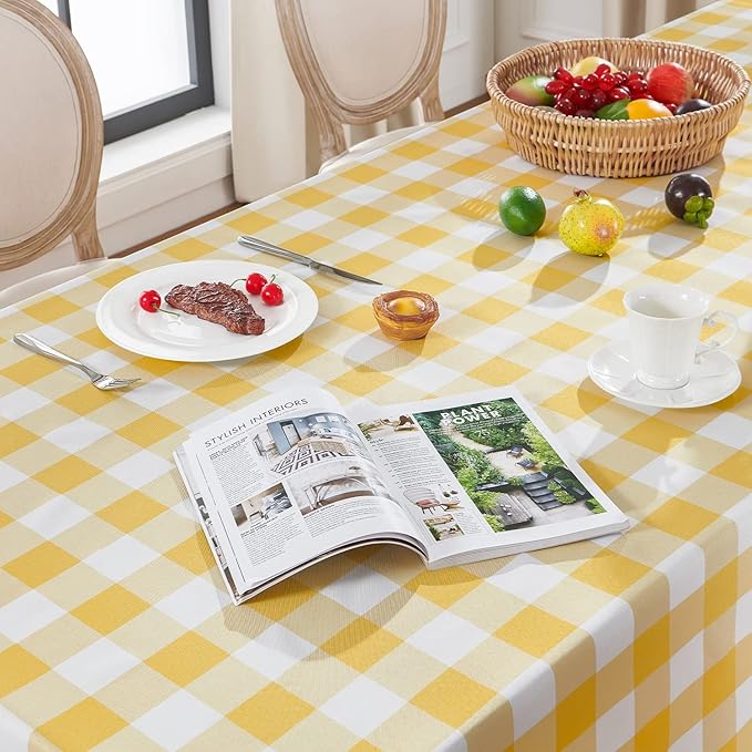 Softalker Gingham Checkered Tablecloth Rectangle - Outdoor Waterproof Buffalo Plaid Table Cloth, Stain Resistant Washable Table Cover for Picnic, Camping, Dining - Yellow and White, 54 x 108 Inch