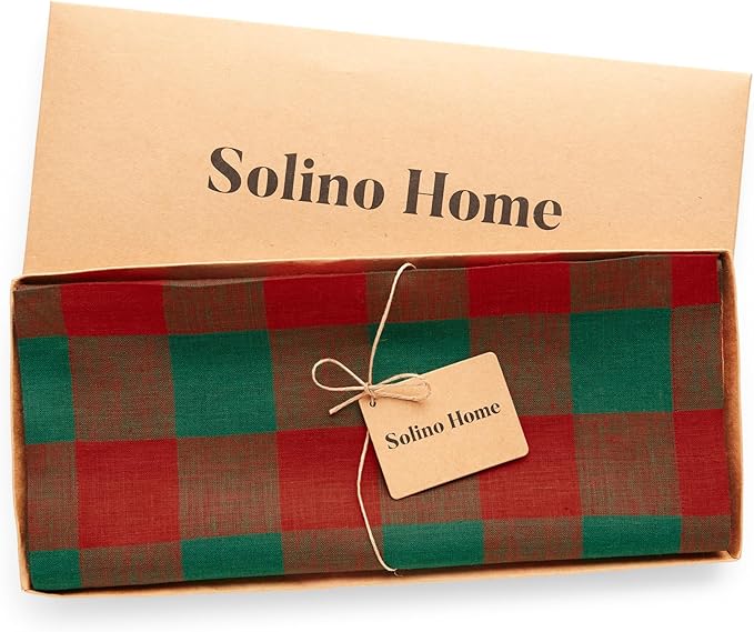 Solino Home Linen Checkered Table Runner 108 Inches Long - 100% Pure Linen Red and Green Buffalo Check Table Runner 14 x 108 Inch Ideal for Dining, Winter