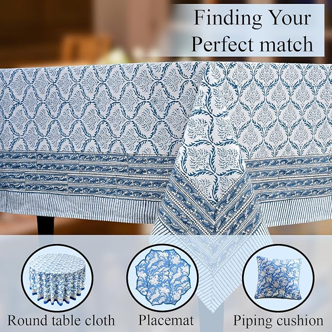 CPC Indigo Regal Tablecloth 100% Cotton 70x108 Inch Indian Block Print Rectangle Table Cover, Table Cloth for Gifting in Weddings, Halloween, Fall, Christmas, Thanksgiving