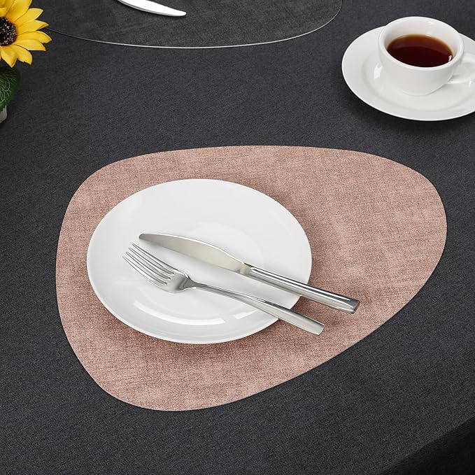 Placemats and Coasters, Washable Reversible Placemats Round Faux Leather Wipeable Place Mats Non Slip Heat Resistant Indoor Outdoor Table Mats (Set of 6, Gray Pink)
