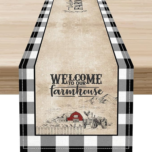 Farmhouse Table Runner, Rustic Country Barn Cottage Check Animal Coffee Table Center Decor for Home Kitchen Dining Patio Holiday Party Indoor Outdoor Table Decorations 13"x72"