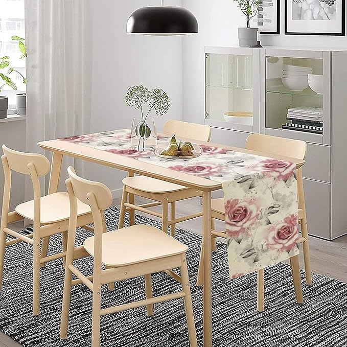 Pink Rose Floral Table Runner,Abstract Watercolor Flower Pattern Modern Romantic Kitchen Dining Table Decoration for Wedding Holiday Home Party 13x108in