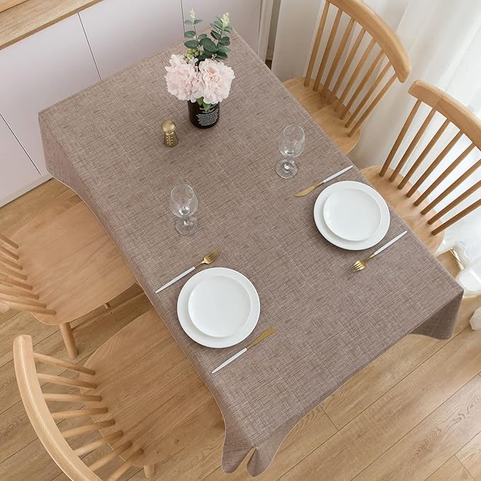 LIBERECOO Vinyl Tablecloth with Flannel Backing, Flaxen, Waterproof, Stain-Resistant, Easy-Clean Table Cover for Dining, Kitchen, and Outdoor Use, 60" x 102" Rectangle
