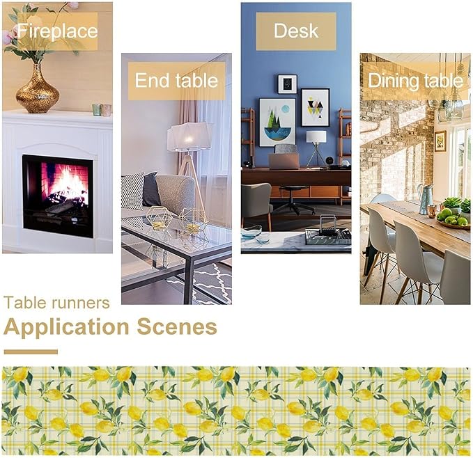 Yellow Plaid Lemon Table Runner Nature Watercolor Plant Countryside Farm Fruit Aesthetic Dining Table Decoration for Home Holiday Party Dresser Kitchen Cabin Restaurant Wedding Decor 13×90in