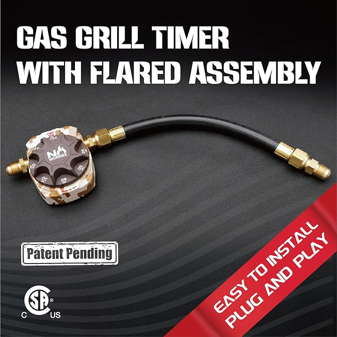 NO WORRIEZ Safety Auto Shut-Off Gas Timer for Propane & Natural Gas | Outdoor Grill, Fire Pit, Pizza Oven | – 100,000 BTU w/ 1/2" Flared Connector & Hose & Flare Male Adapter, Patent Pending