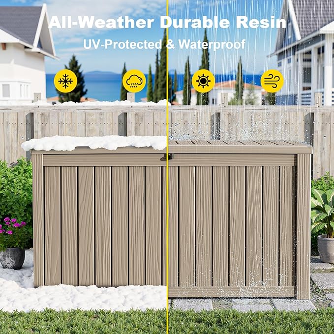 175 Gallon Large Deck Box,Resin Outdoor Storage Box with Lockable for Patio Furniture, Garden Tools Waterproof Outside Storage Box, Grey