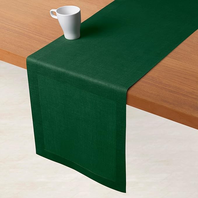 D'Moksha Homes Linen Forest Green Table Runner 90 Inches Long - 100% Pure Linen 14 x 90 Inch Table Runner for Dining, Winter, Holiday - Machine Washable