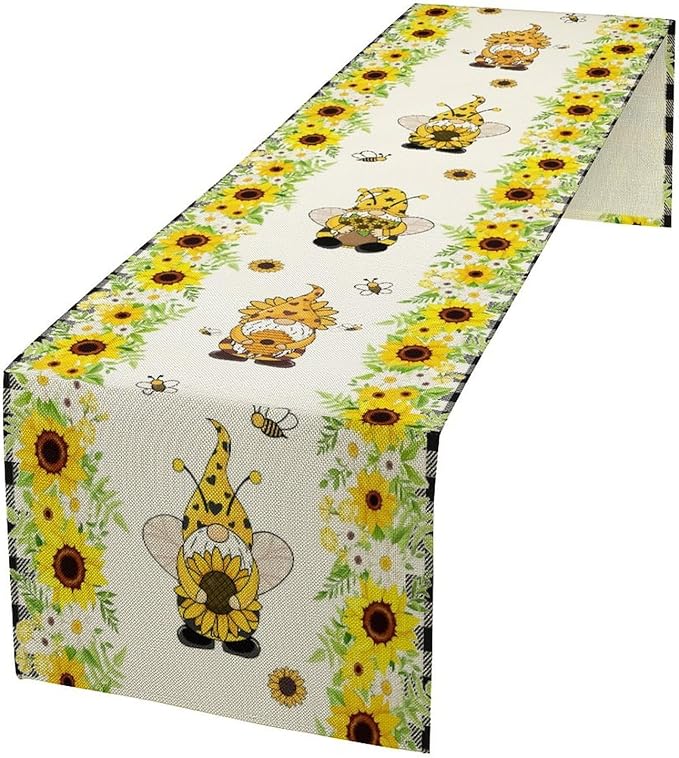 Summer Sunflower Gnome Table Runner, Buffalo Plaid Bee Farmhouse Seasonal Table Decoration for Outdoor Home Party Kitchen Dining Holiday 13x60in