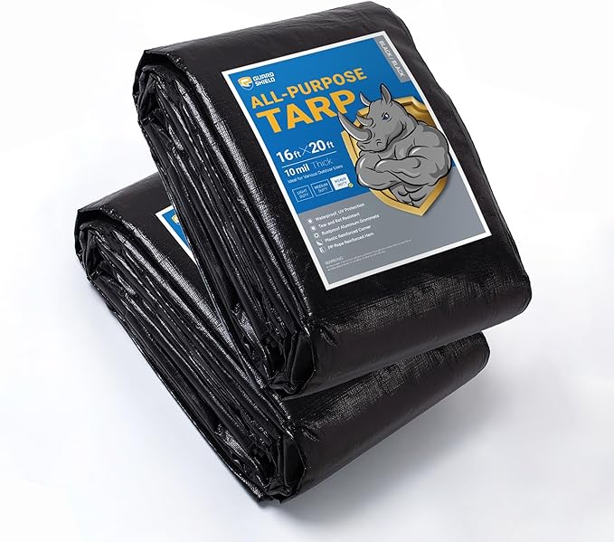 GUARD SHIELD Tarps Heavy Duty Waterproof 16x20 Feet Black Poly Tarp Cover Outdoor Thick UV Resistant Tarpaulin with Grommets 10mil (2-Pack)