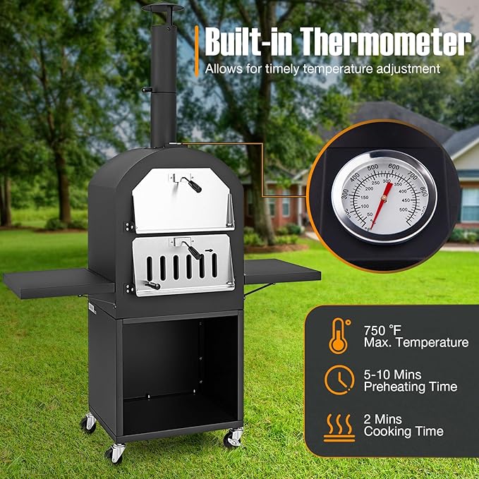 Giantex Pizza Oven Outdoor - Wood Fired Pizza Oven with 2 Side Tables, Pizza Stone, Pizza Peel, Cover, Cooking Grids, Pizza Maker on Wheels for Outside Charcoal Grill Backyard Party Camping