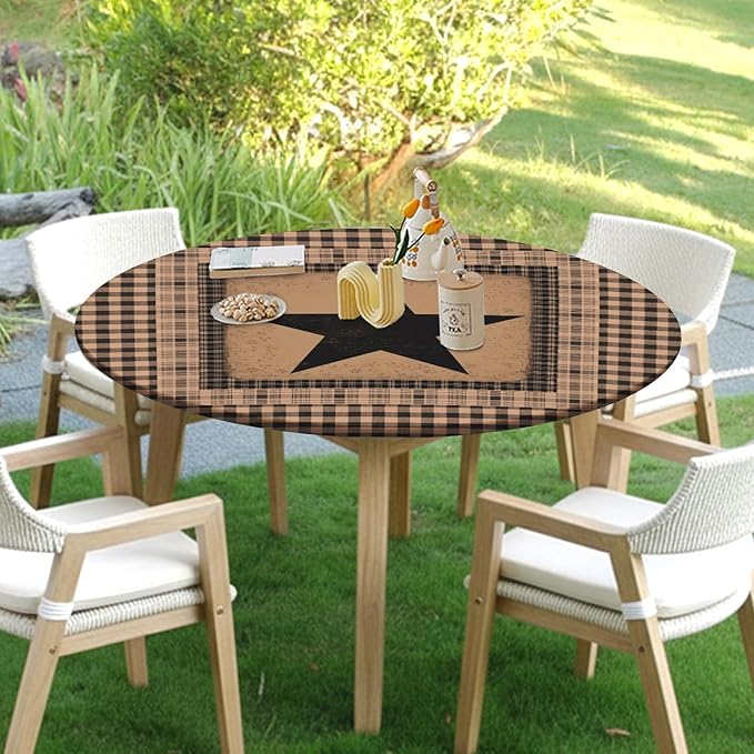 Western Texas Star Round Fitted Tablecloth with Elastic Vintage Primitive Brown Black Checkered Circle Table Cover for 40-44" Tables Waterproof Washable Country Plaid Table Cloth for Kitchen Dining
