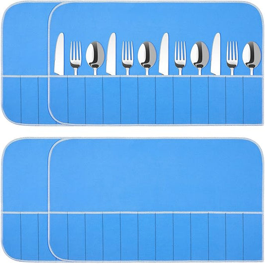 4 Pieces Anti Tarnish Silver Storage Bags silverware Blue Holder for Flatware Storage Organizer Place Setting Roll with White Ribbon for Kitchen Utensils