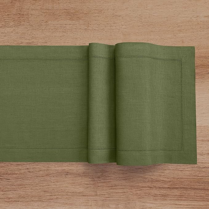 Solino Home Linen Table Runner 60 Inches - 100% Pure Linen Olive Hemstitch Table Runner 14 x 60 Inch Ideal for Dresser and Coffee Tables - Classic Hemstitch - St Patricks Day