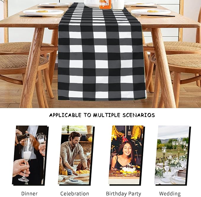 Fabric Checkered Table Runner 1 Pack Waterproof Gingham Table Runner 14W x 108L Buffalo Check Table Runners for Parties Kitchen Dining Wedding Banquet (Black and White)
