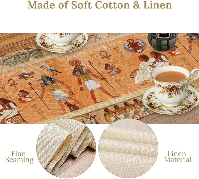 Ancient Table Runner, Mythology Egyptian Gods Pharaohs Antique Golden Hieroglyphs Print Pattern Table Runner for Dining Bedroom Kitchen Party Outdoor 13x70in