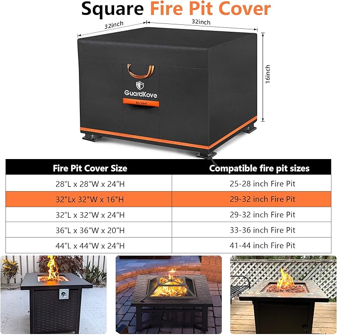 [Upgraded 1000D Heavy Duty Fabric] 32” Fire Pit Cover Square for 29”- 32” Fire Pit/Table, Waterproof Tear & Fade Resistant Firepit Cover with Buckle, Air Vents, Drawstring (32”L x 32”W x 16”H, Black)
