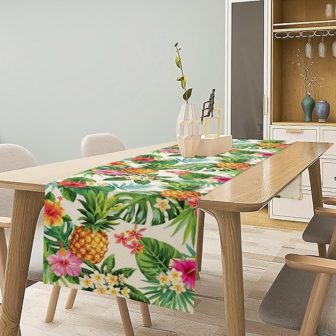 Summer Pineapple Table Runner, Tropical Palm Leaves Flowers Fruit Table Runner for Kitchen Dining Party Holiday Home 13x90in