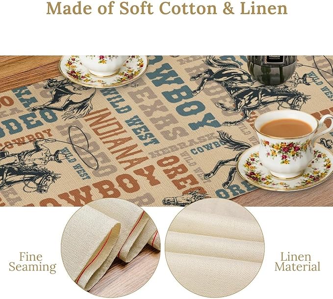 Western Cowboy Table Runner, Vintage Country American West Cowboy Riding Horse Table Runner for Home Kitchen Dining Party Farmhouse Cafe Outdoor 13x60in