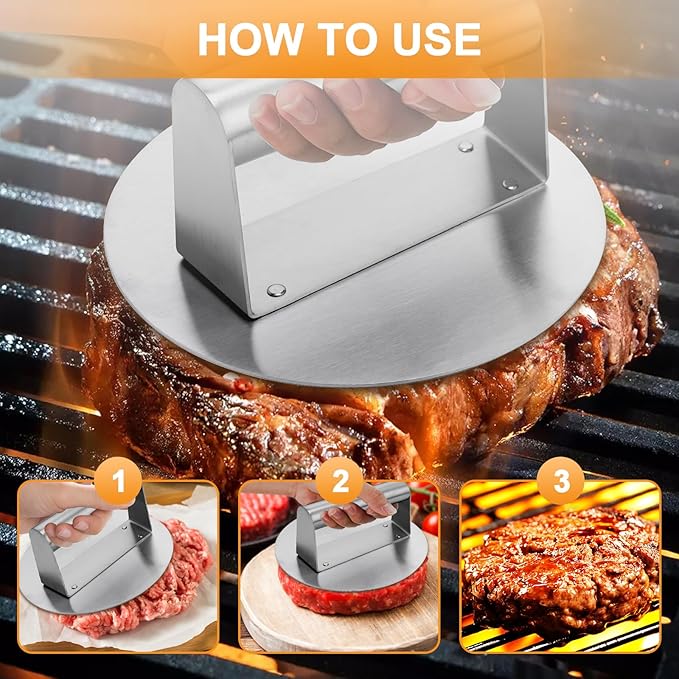 Stainless Steel Burger Press 6.2" Round Smash Burger Press- Pro Non-Stick Burger Smasher for Blackstone/Flat Top Grill, Perfect for Burgers, Bacon | Dishwasher Safe Grill Press