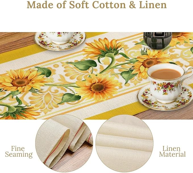 Yellow Sunflower Table Runner, Spring Summer Seasonal Floral Farmhouse Rustic Vintage Flower Print Table Cover for Home Kitchen Dining Table Decor Party, 13x36inch