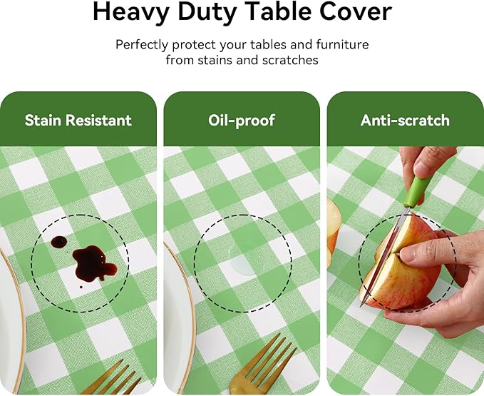 Romanstile Rectangle Vinyl Tablecloth, 100% Waterproof Buffalo Gingham Plastic Table Cloth, Heavy Duty Wipeable Checkered Table Covers for Outdoor, Camping, Picnic, Patio - 54 x 120, Light Green
