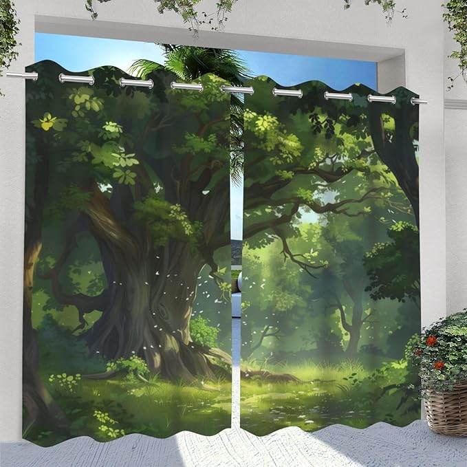 Nature Theme Outdoor Curtains for Patio Waterproof,Forest Pattern,Weatherproof Outside Curtain for Cabana, Porch, Pergola and Gazebo,Set of 2 Panels,W42 x L84,Green