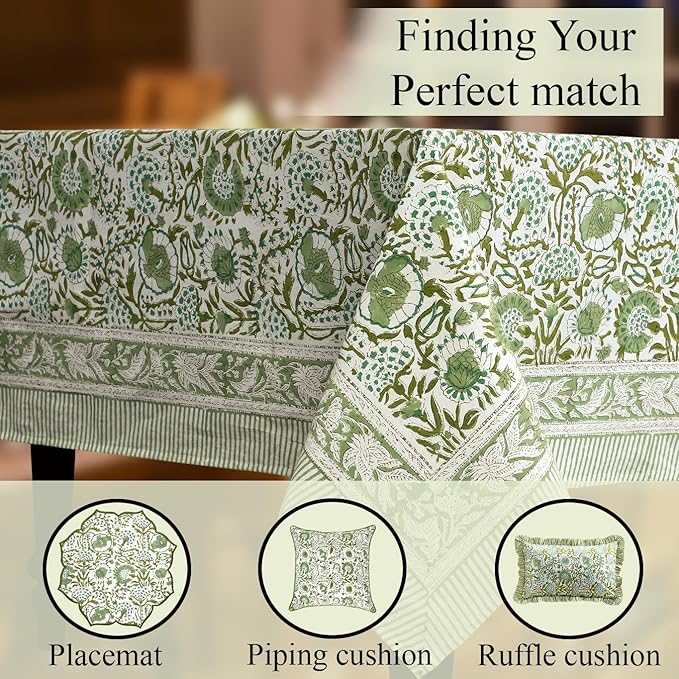 CPC Tablecloth 100% Cotton 70x108 Inch Indian Block Print Rectangle Table Cover, Green Table Cloth for Weddings, Spring/Summer, Barbeque - Agate Green