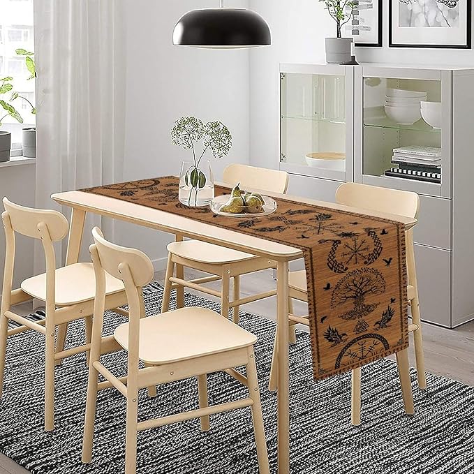 Viking Table Runners, Viking Tree of Life Raven Helmet of Awe Wood Print Table Runner for Home Kitchen Coffee Dining Room Bedroom Party 13x120in