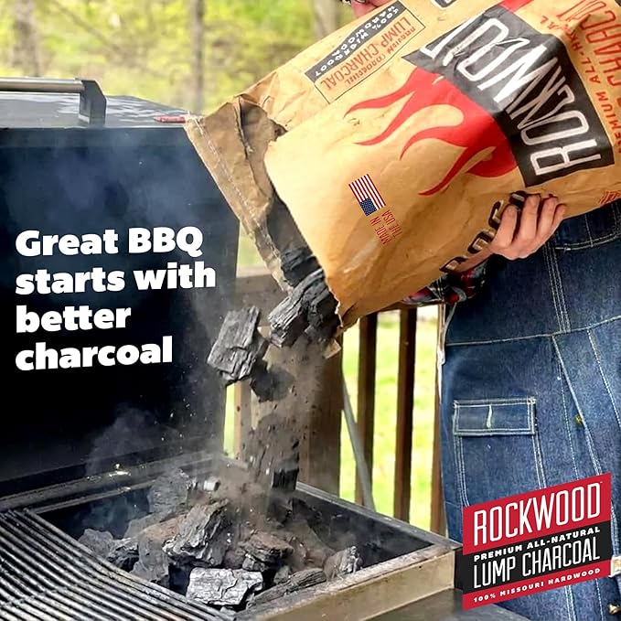 Rockwood Premium Hardwood Lump Charcoal – Oak, Hickory & Cherry Blend for Restaurant Quality Barbecue Smoking & Grilling – Smoky Flavor BBQ, Clean Burning for Kettle & Kamado Grills – 20lbs (4 Packs)