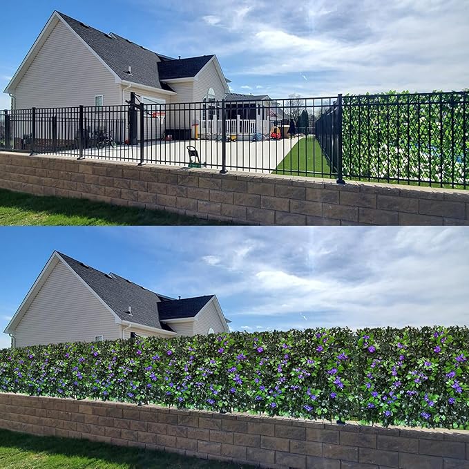 Expandable Fence Privacy Screen for Balcony Patio Outdoor,Decorative Faux Ivy Fencing Panel,Artificial Hedges (Single Sided Leaves) (4, Branches -Purple Fowers)