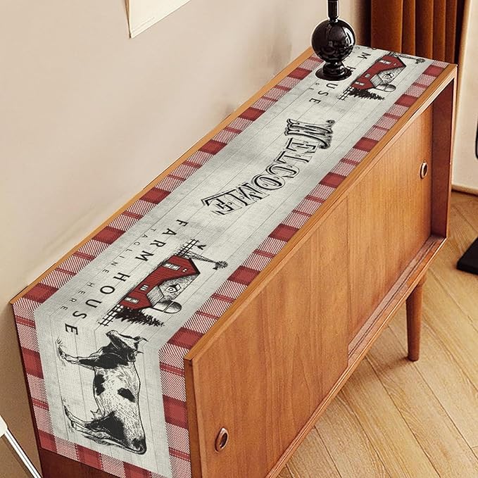Farmhouse Cow Table Runner, Rustic Red Plaid Animals Buffalo Coffee Table Center Decor for Family Kitchen Dining Room and Living Room Outdoor Country Holiday Party Table Decorations, 13" X 108"