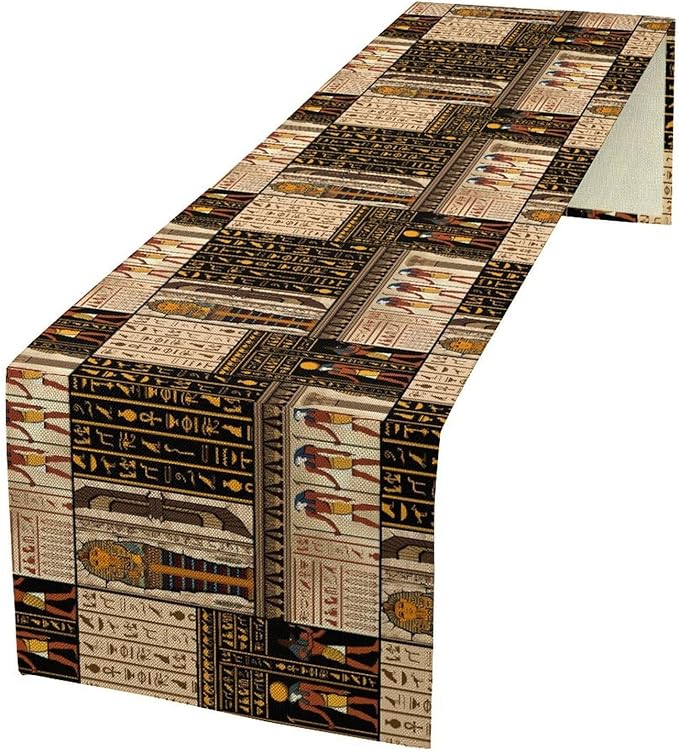 Ancient Egyptian Table Runner, Vintage Abstract Mystical Hieroglyphics Culture Table Runner for Dining Coffee Party Holiday Farmhouse 13x70in